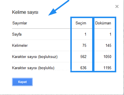 Google Dökümanlar Araçlar Menüsü